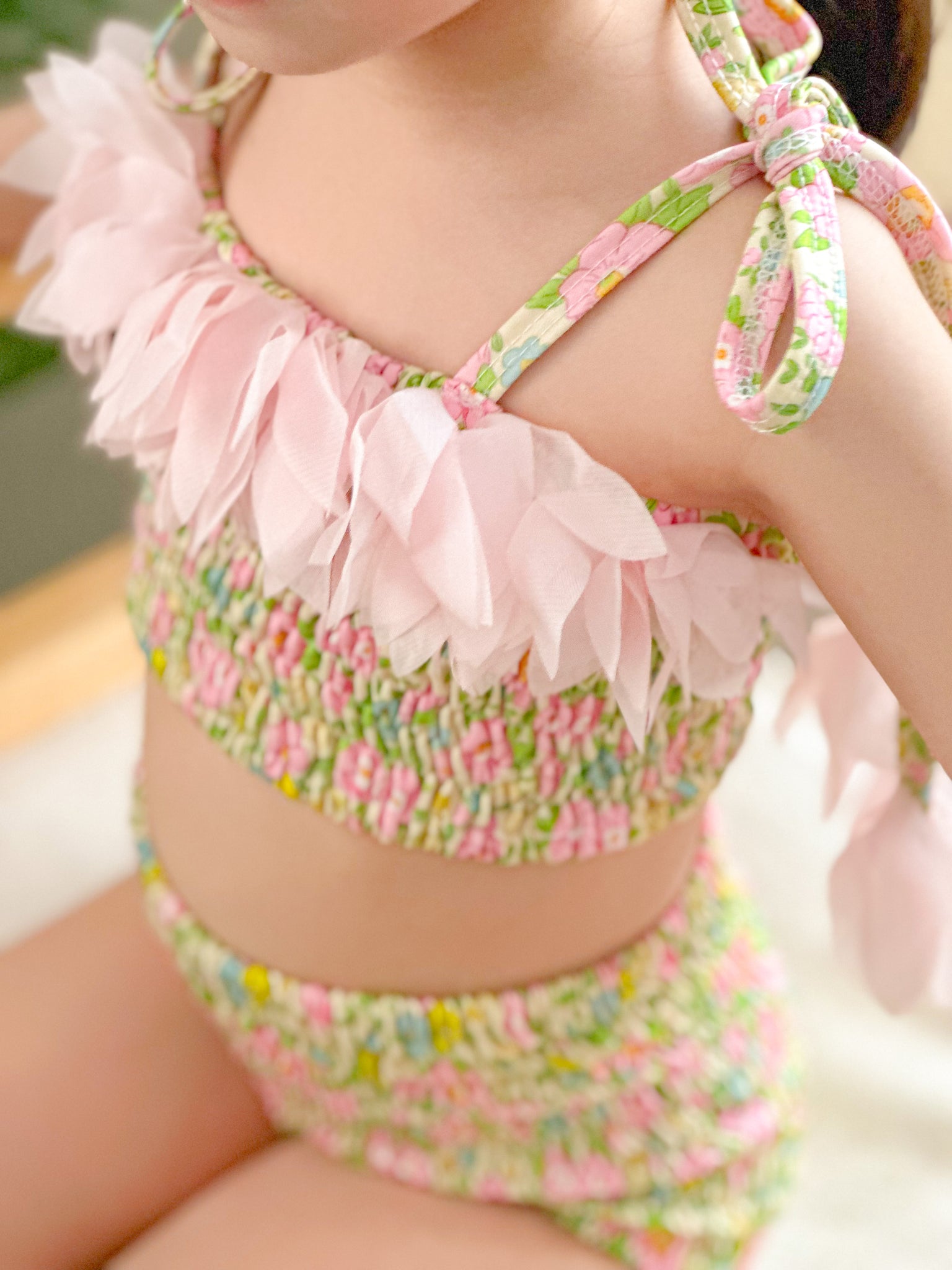 Martina Two-piece Smocked Shoulder Ribbon Tie Swimsuit